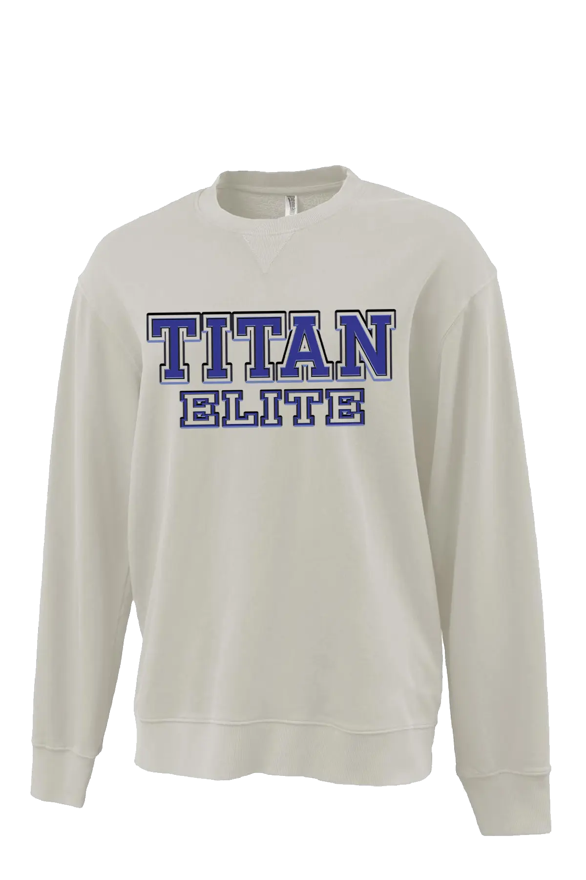 White sweatshirt with 'TITAN ELITE' text in blue on a white background. Paper Street Print Co, Blaistown, NJ.