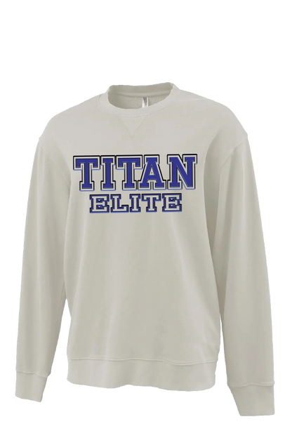 White sweatshirt with 'TITAN ELITE' text in blue on a white background. Paper Street Print Co, Blaistown, NJ.