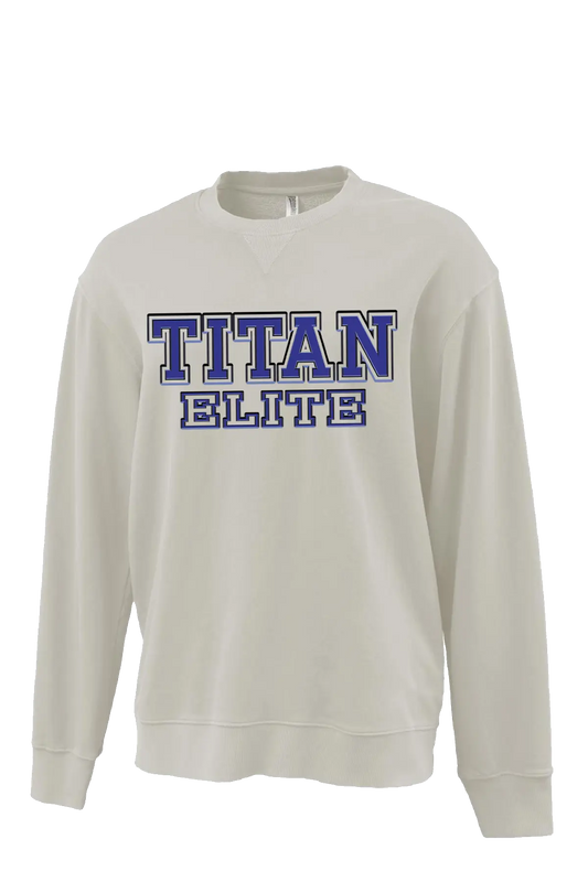 White sweatshirt with 'TITAN ELITE' text in blue on a white background. Paper Street Print Co, Blaistown, NJ.