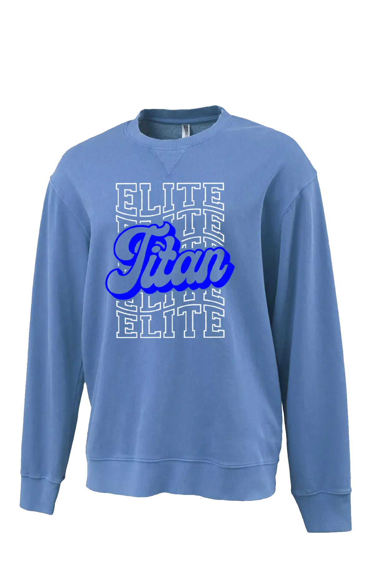 Blue sweatshirt with 'Elite Titan' text on a white background. Paper Street Print Co, Blairstown, NJ.