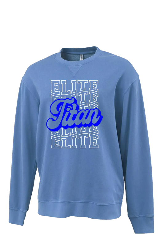 Blue sweatshirt with 'Elite Titan' text on a white background. Paper Street Print Co, Blairstown, NJ.