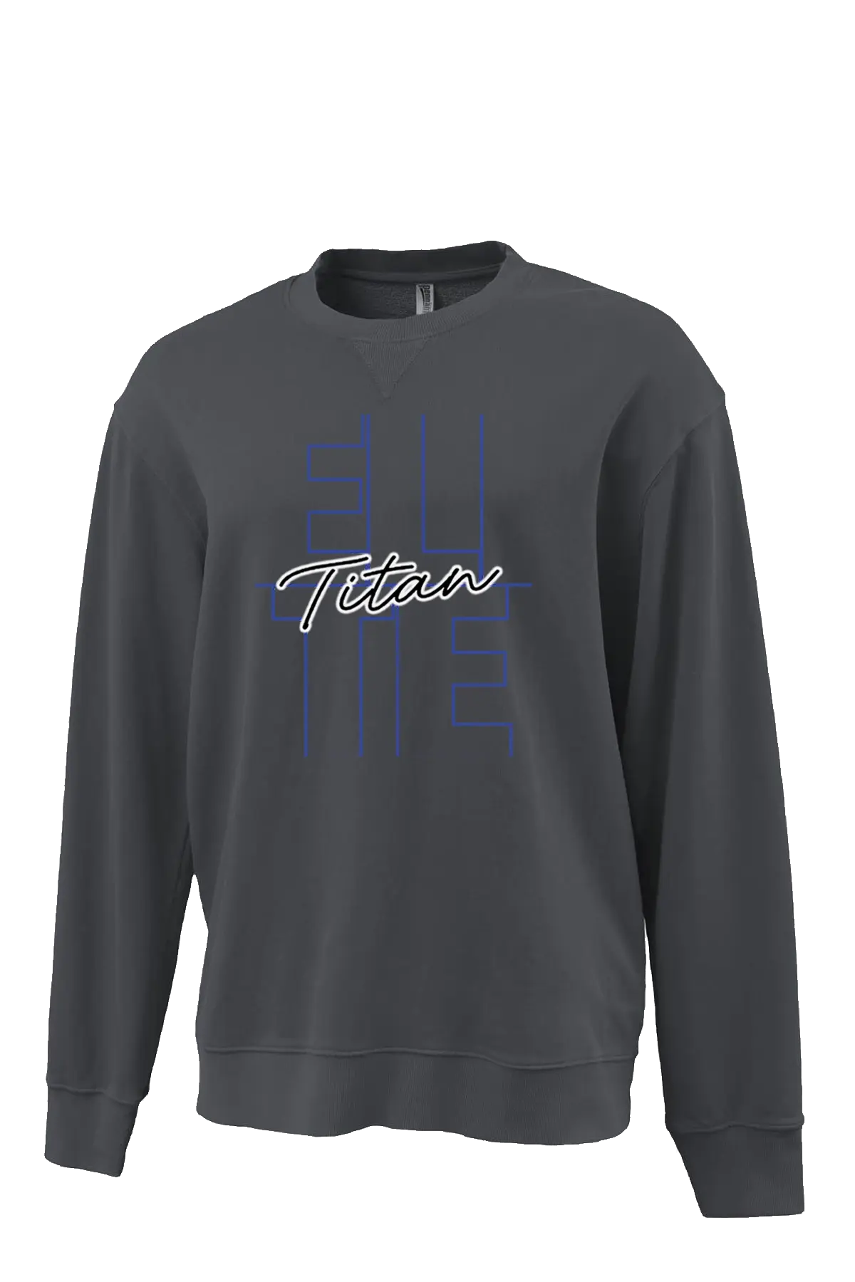 Gray sweatshirt with 'Titan' logo on a white background. Paper Street Print Co, Blairstown, NJ.