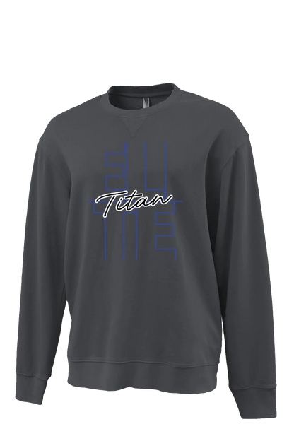Gray sweatshirt with 'Titan' logo on a white background. Paper Street Print Co, Blairstown, NJ.