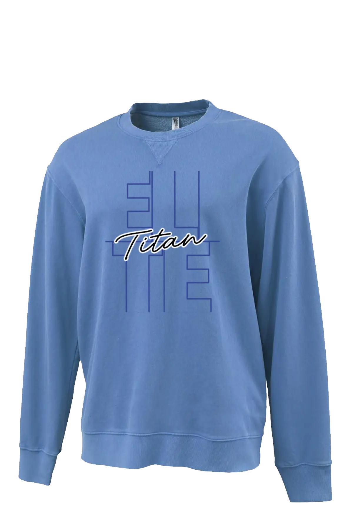 Blue sweatshirt with 'Titan' branding on a white background. Paper Street Print Co, Blairstown, NJ.