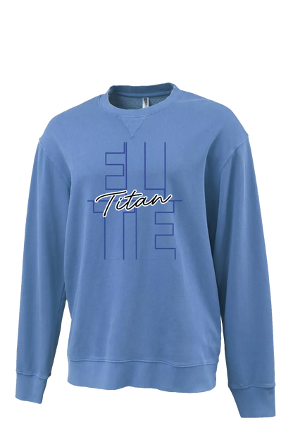 Blue sweatshirt with 'Titan' branding on a white background. Paper Street Print Co, Blairstown, NJ.