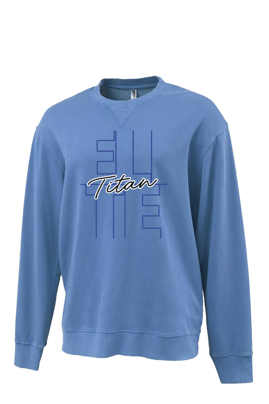 Blue sweatshirt with 'Titan' branding on a white background. Paper Street Print Co, Blairstown, NJ.