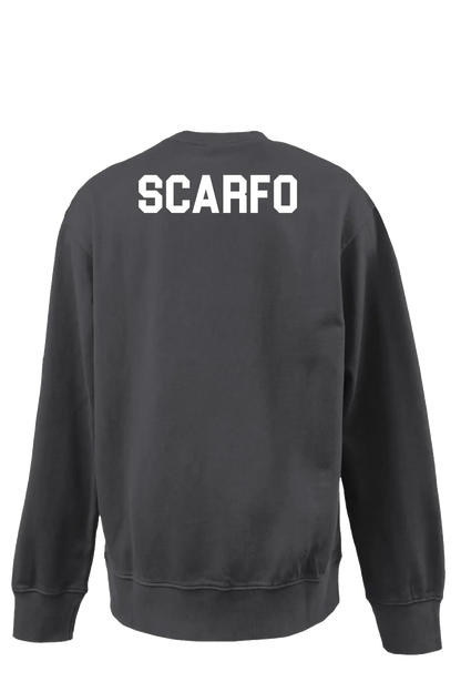 Black sweatshirt with 'SCARFO' printed on the back against a white background. Paper Street Print Co, Blairstown, NJ.