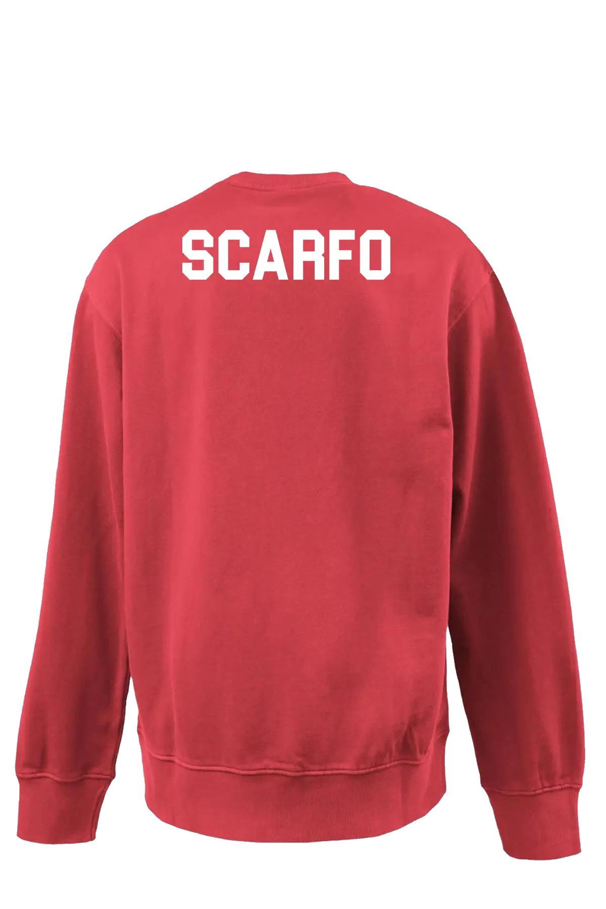 Red sweatshirt with 'SCARFO' printed on the back against a white background. Paper Street Print Co, Blairstown, NJ.