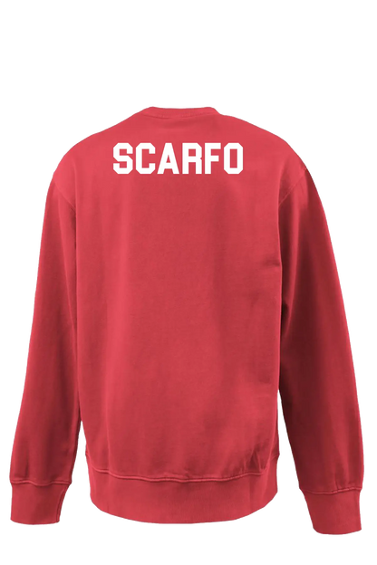 Red sweatshirt with 'SCARFO' printed on the back against a white background. Paper Street Print Co, Blairstown, NJ.
