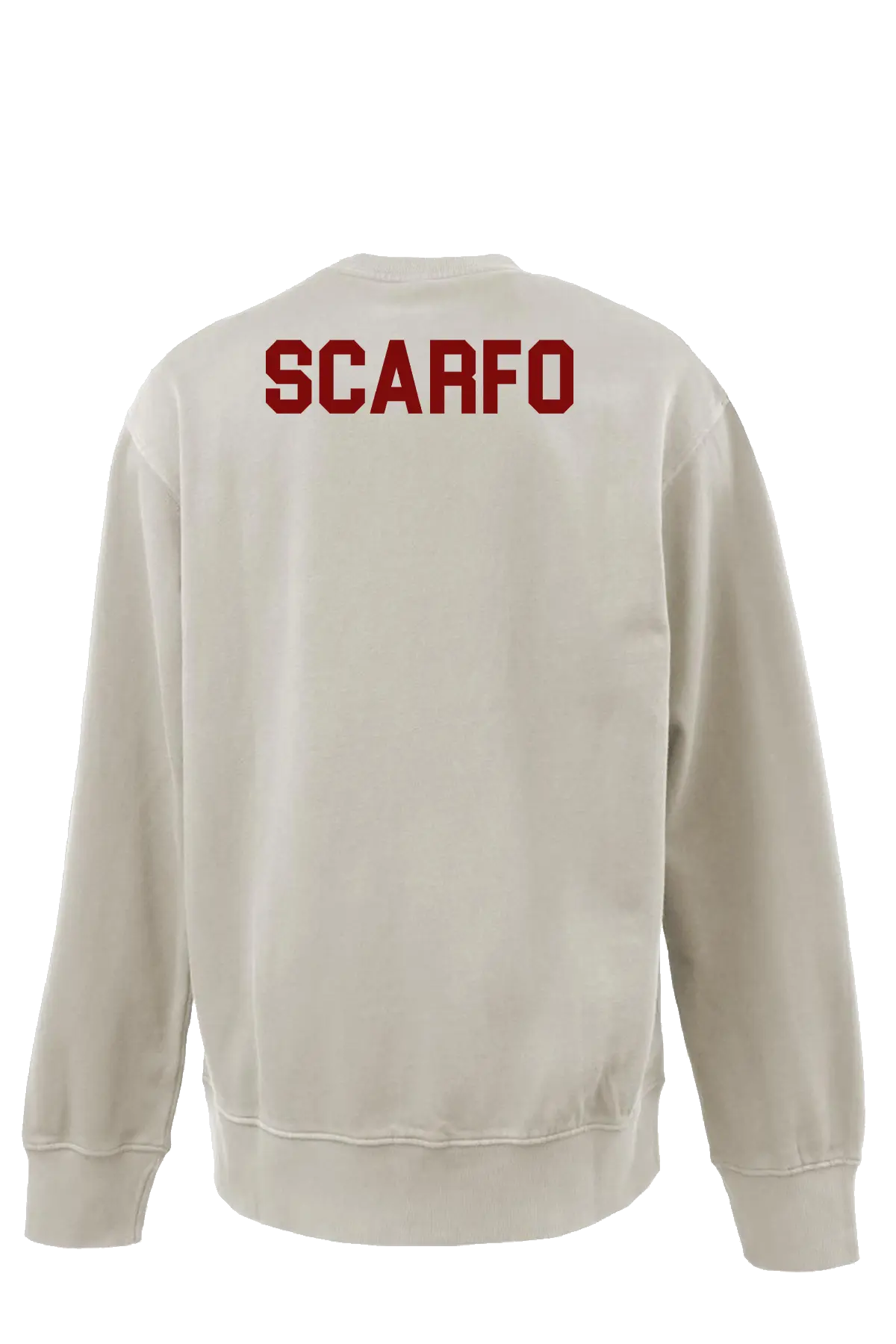 Beige sweatshirt with 'SCARFO' printed on the back in red. Paper Street Print Co, Blairstown, NJ.