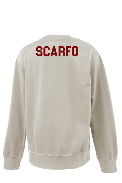 Beige sweatshirt with 'SCARFO' printed on the back in red. Paper Street Print Co, Blairstown, NJ.