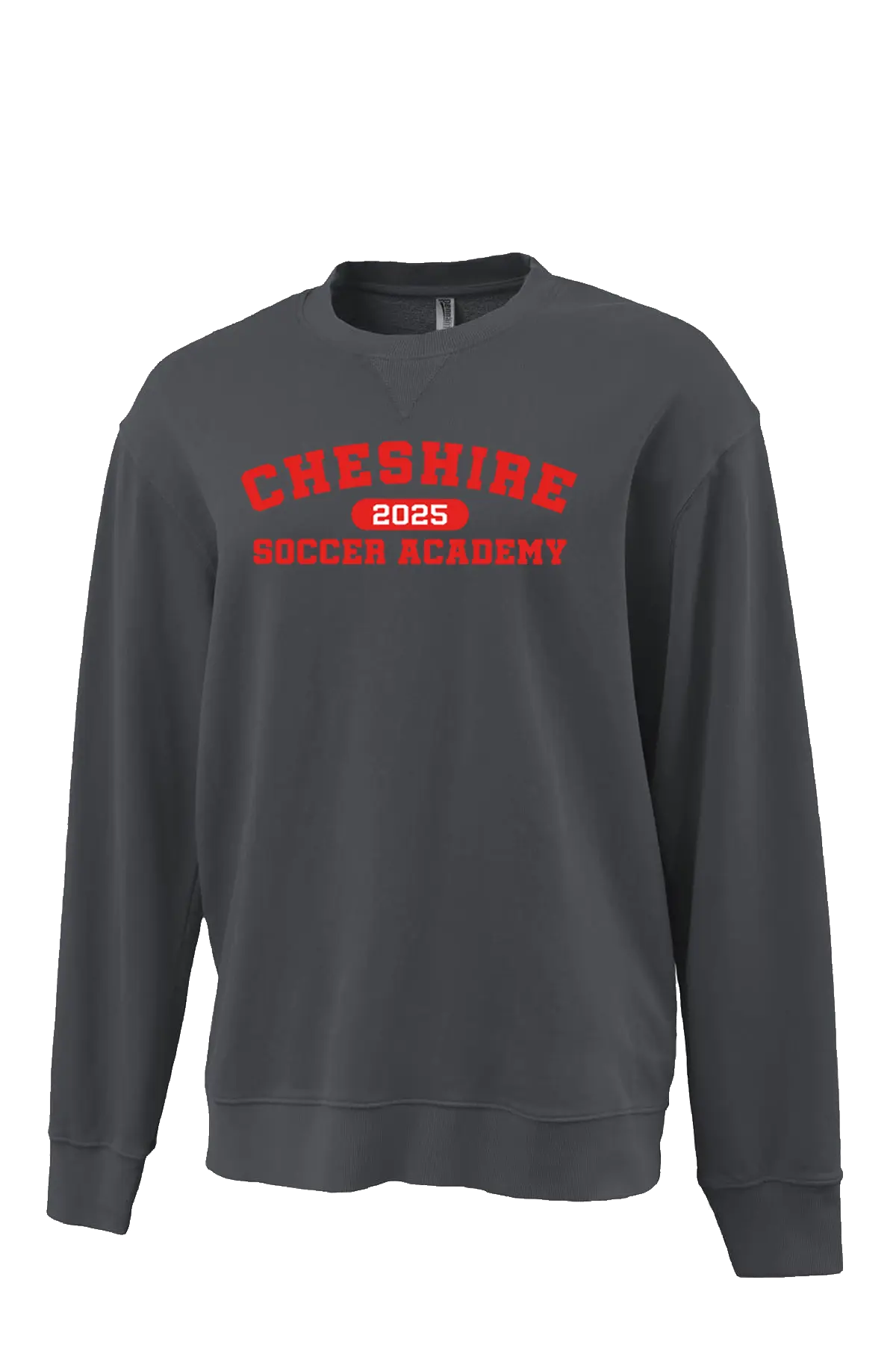 Gray sweatshirt with red text 'Cheshire Soccer Academy 2023' on a white background. Paper Street Print Co, Blairstown, NJ.
