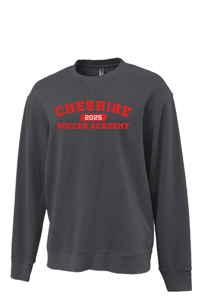Gray sweatshirt with red text 'Cheshire Soccer Academy 2023' on a white background. Paper Street Print Co, Blairstown, NJ.