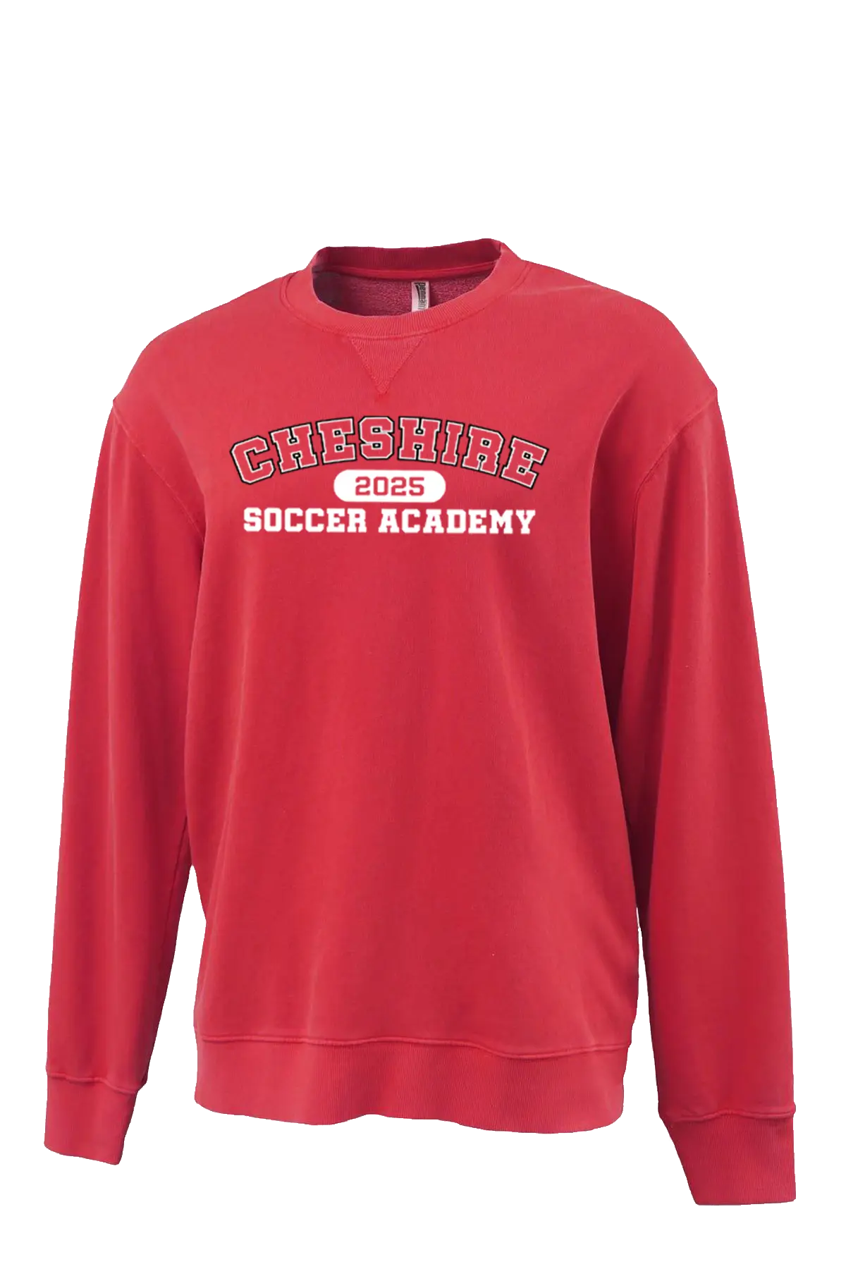 Red sweatshirt with 'Cheshire Soccer Academy 2023' text on a white background. Paper Street Print Co, Blairstown, NJ.