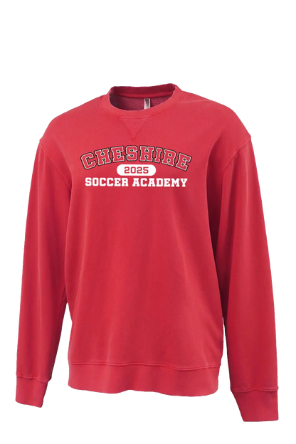 Red sweatshirt with 'Cheshire Soccer Academy 2023' text on a white background. Paper Street Print Co, Blairstown, NJ.