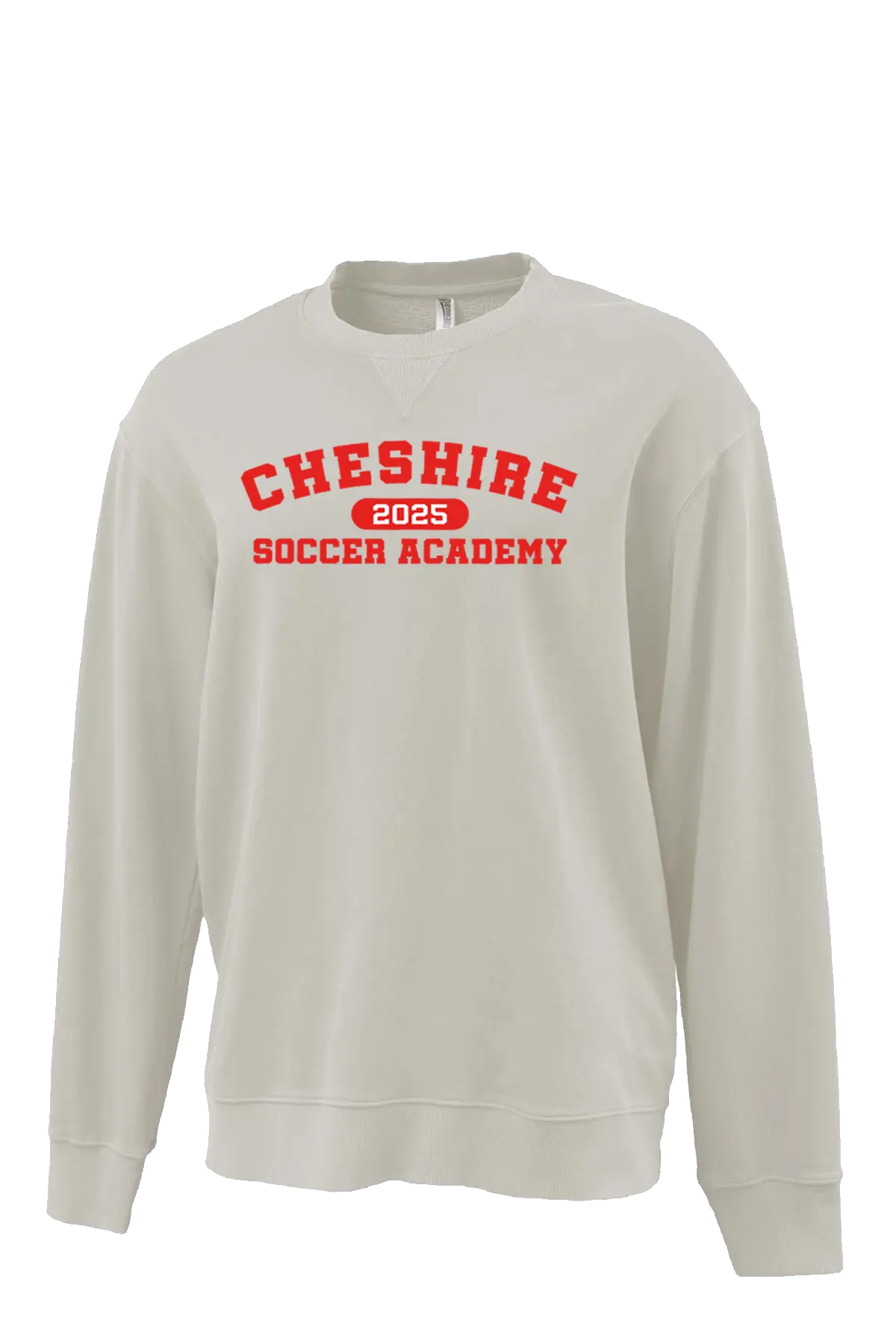 Beige sweatshirt with red text 'Cheshire 2025 Soccer Academy' on a white background. Paper Street Print Co, Blairstown, NJ.
