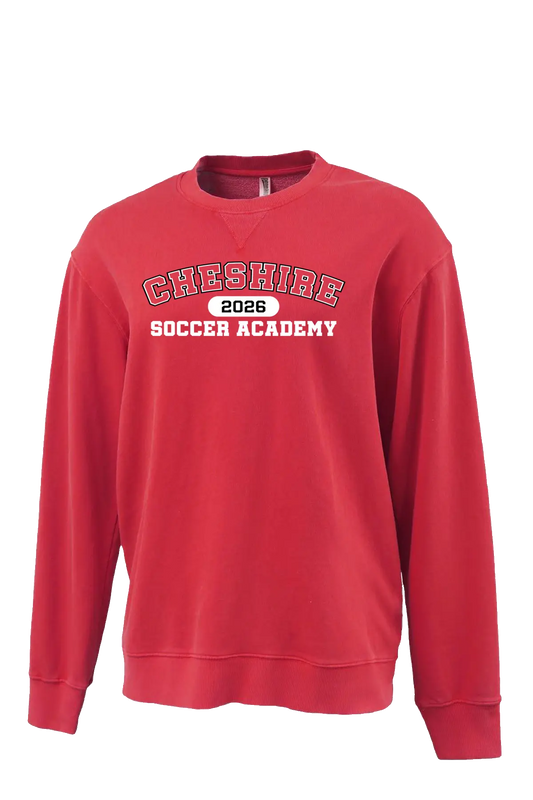 Red sweatshirt with 'Cheshire Soccer Academy 2023' text on a white background. Paper Street Print Co, Blairstown, NJ.