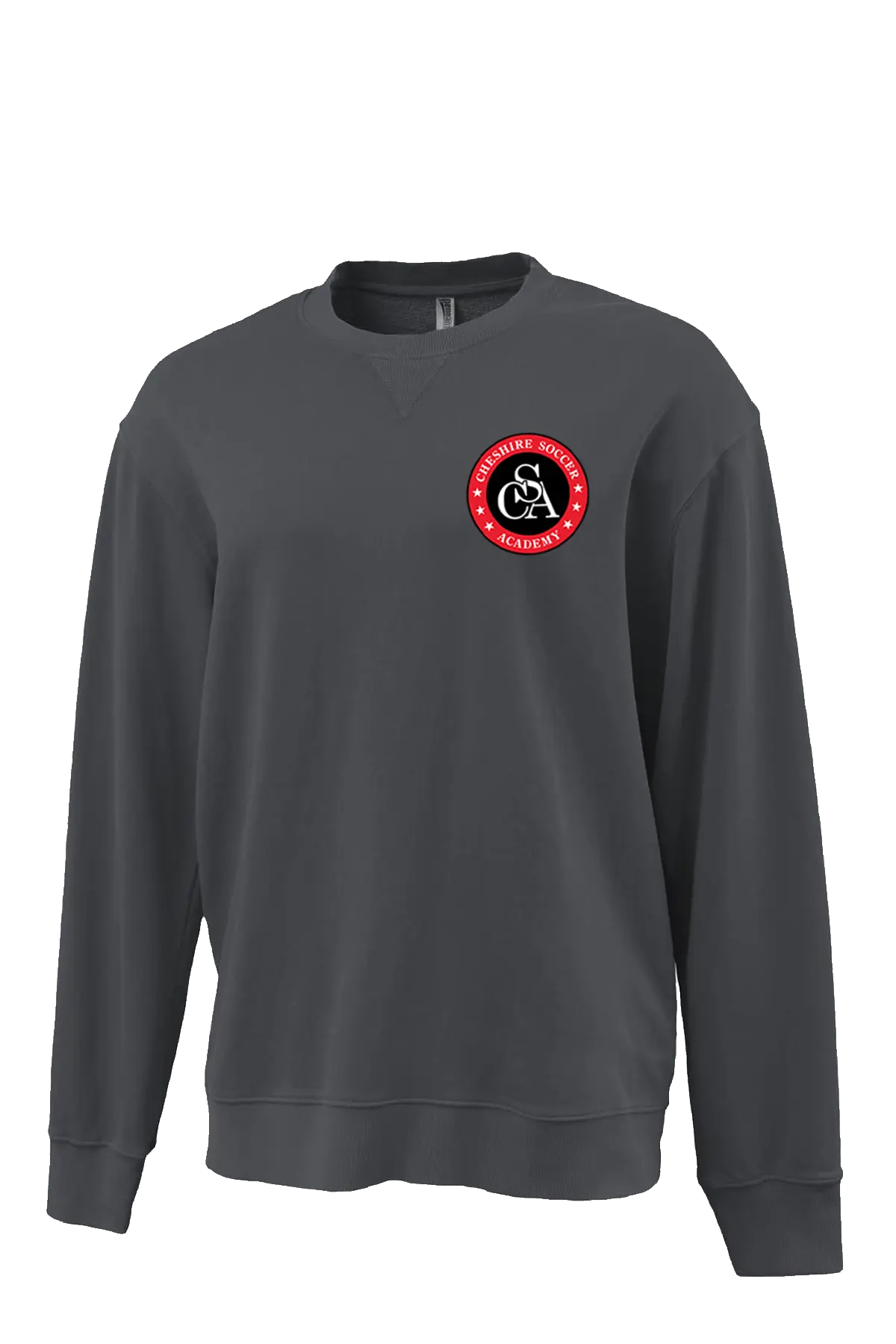 Gray sweatshirt with a red and white logo on a white background. Paper Street Print Co, Blairstown, NJ.