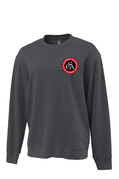 Gray sweatshirt with a red and white logo on a white background. Paper Street Print Co, Blairstown, NJ.