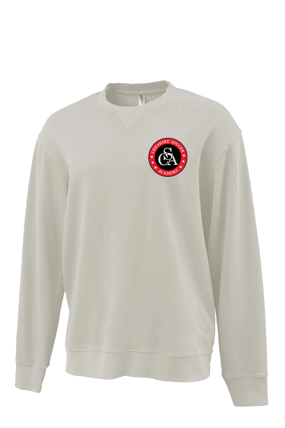 Beige sweatshirt with a red and black logo on a white background. Paper Street Print Co, Blairstown, NJ.