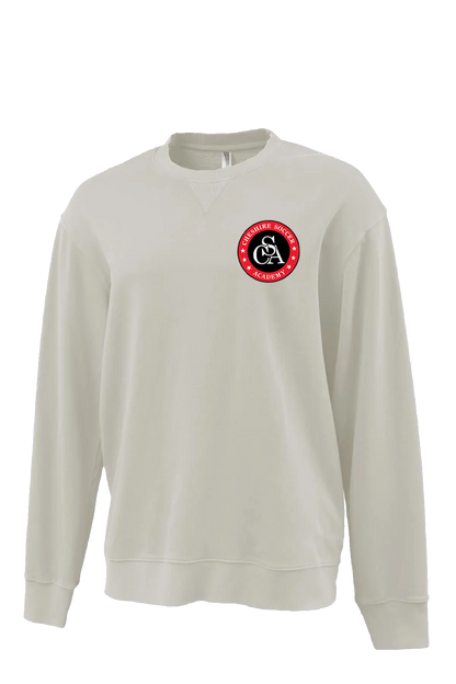 Beige sweatshirt with a red and black logo on a white background. Paper Street Print Co, Blairstown, NJ.