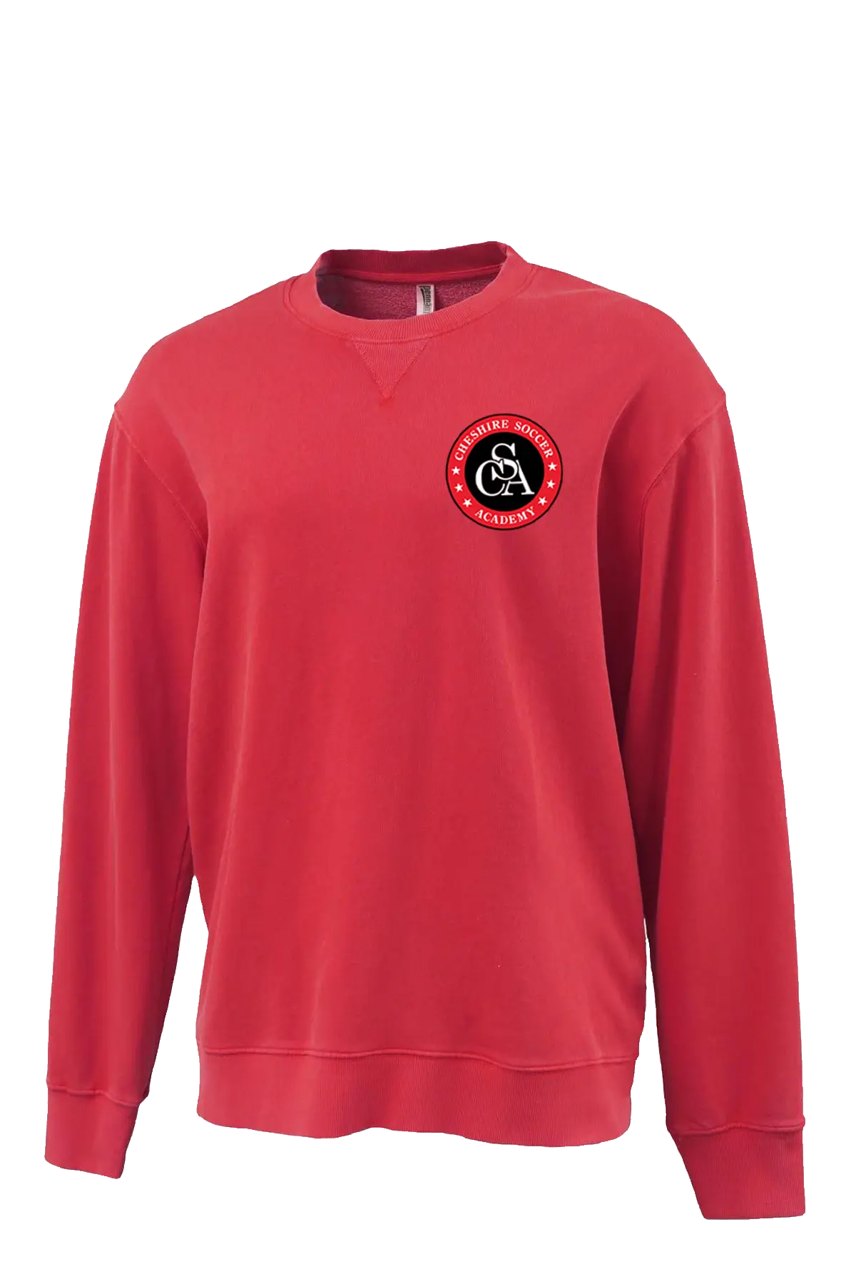 Red sweatshirt with a logo on the chest against a white background. Paper Street Print Co, Blairstown, NJ.