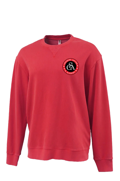 Red sweatshirt with a logo on the chest against a white background. Paper Street Print Co, Blairstown, NJ.