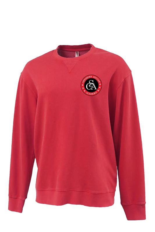 Red sweatshirt with a logo on the chest against a white background. Paper Street Print Co, Blairstown, NJ.