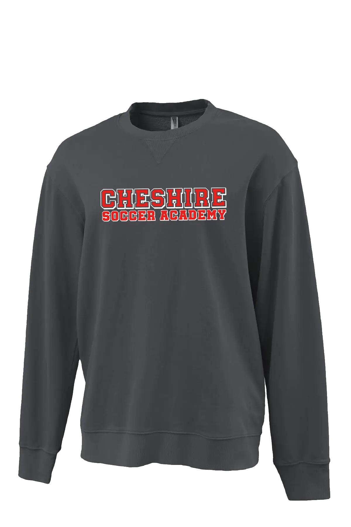 Gray sweatshirt with 'Cheshire Soccer Academy' text on a white background. Paper Street Print Co, Blairstown, NJ.