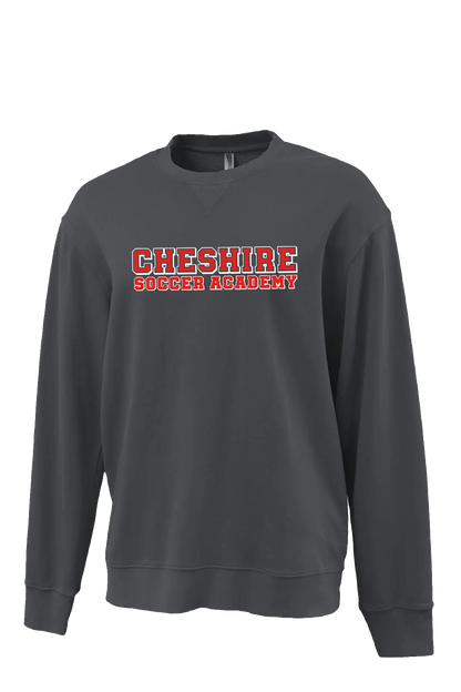 Gray sweatshirt with 'Cheshire Soccer Academy' text on a white background. Paper Street Print Co, Blairstown, NJ.