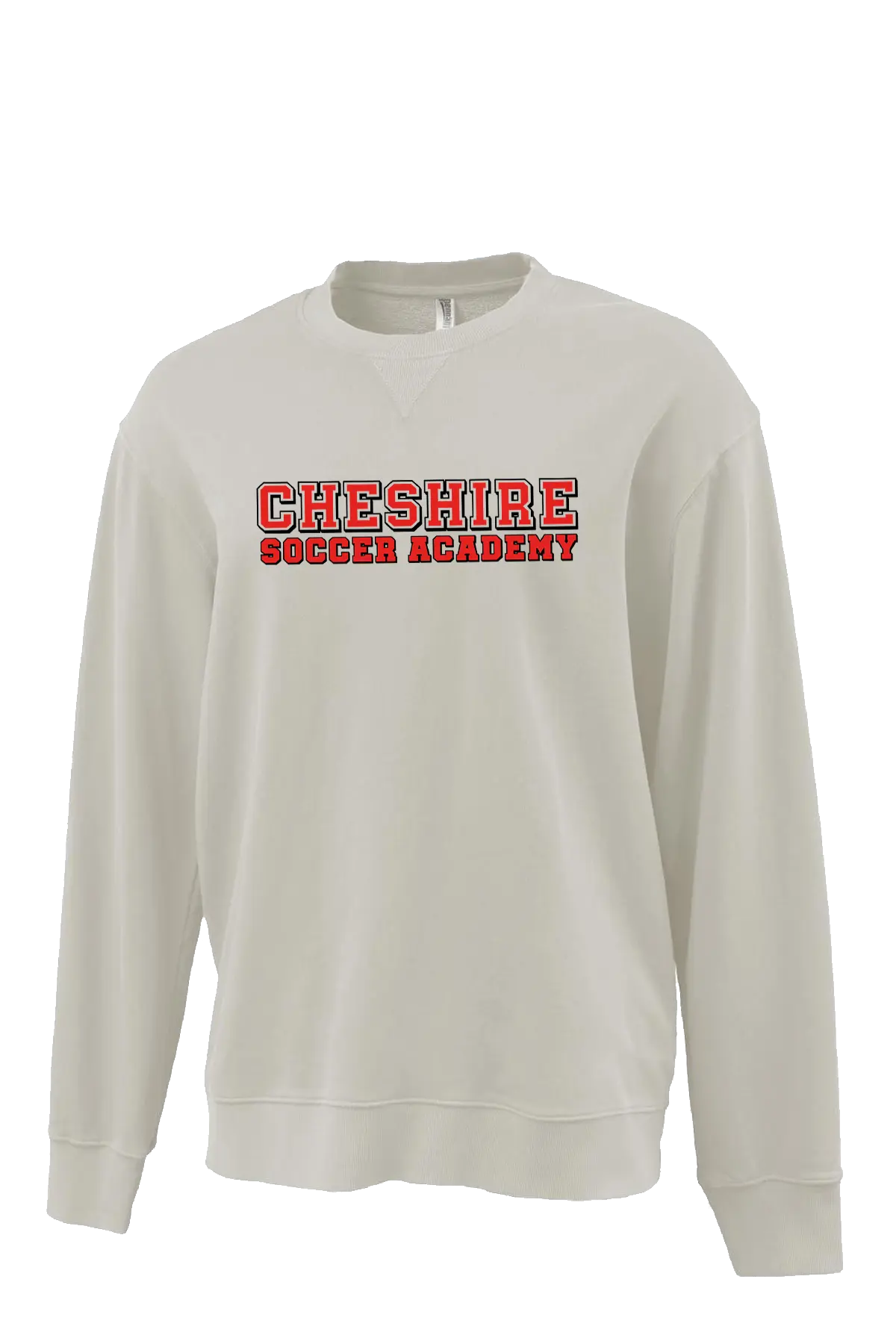 Beige sweatshirt with 'Cheshire Soccer Academy' text on a white background. Paper Street Print Co, Blairstown, NJ.
