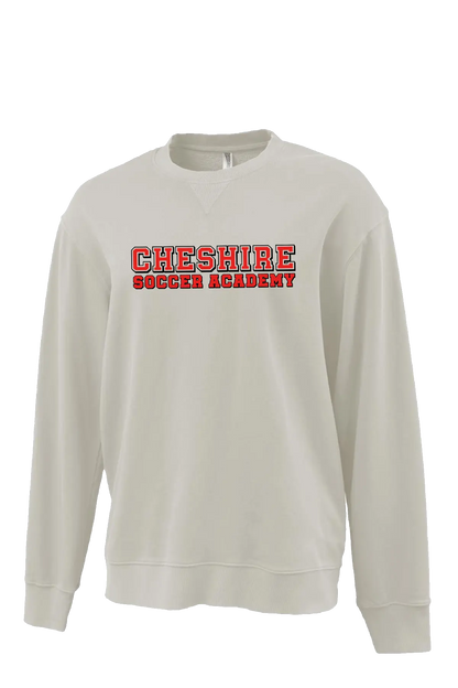 Beige sweatshirt with 'Cheshire Soccer Academy' text on a white background. Paper Street Print Co, Blairstown, NJ.