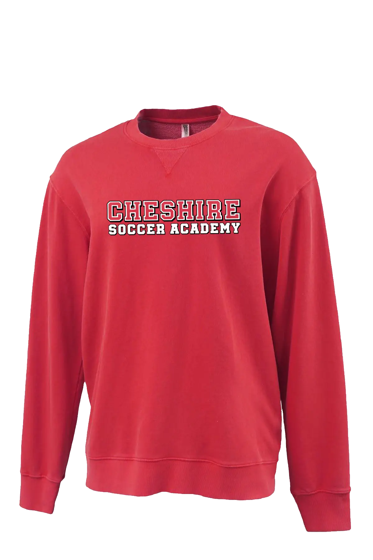 Red sweatshirt with 'Cheshire Soccer Academy' text on a white background. Paper Street Print Co, Blairstown, NJ.