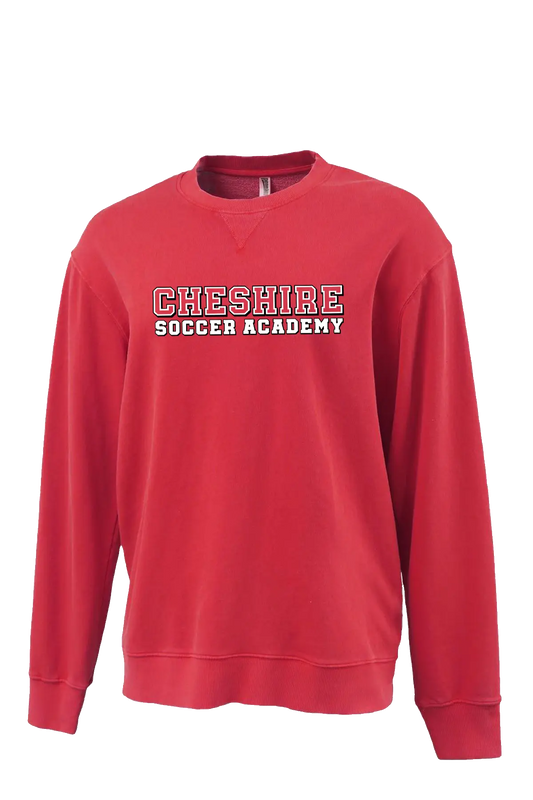 Red sweatshirt with 'Cheshire Soccer Academy' text on a white background. Paper Street Print Co, Blairstown, NJ.