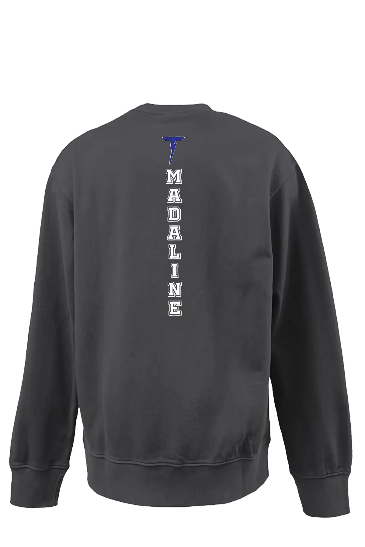 Black sweatshirt with text and logo on the back against a white background. Paper Street Print Co, Blaistown, NJ.