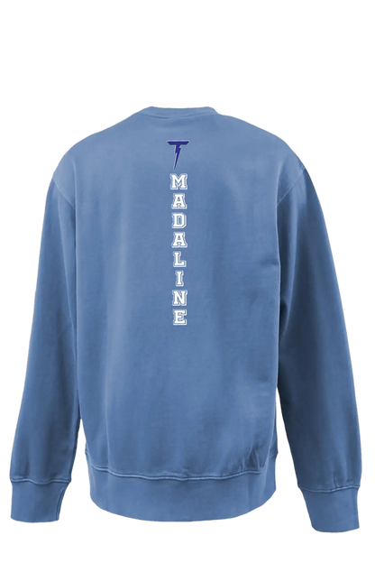 Blue sweatshirt with 'MADALINE' printed on the back against a white background. Paper Street Print Co, Blaistown, NJ.