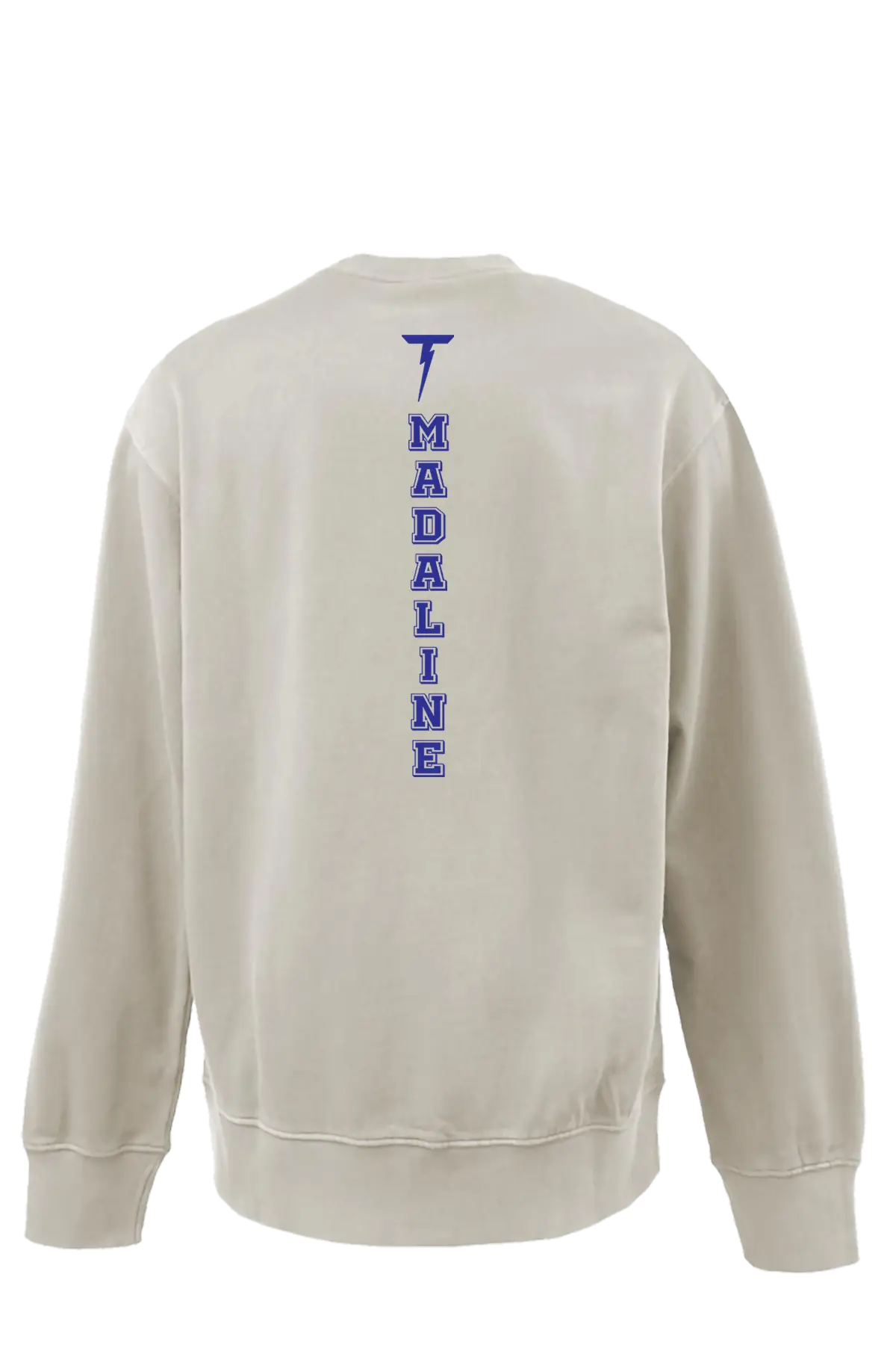 Beige sweatshirt with 'MADALINE' printed on the back against a white background. Paper Street Print Co, Blaistown, NJ.