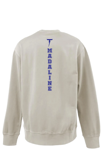 Beige sweatshirt with 'MADALINE' printed on the back against a white background. Paper Street Print Co, Blaistown, NJ.