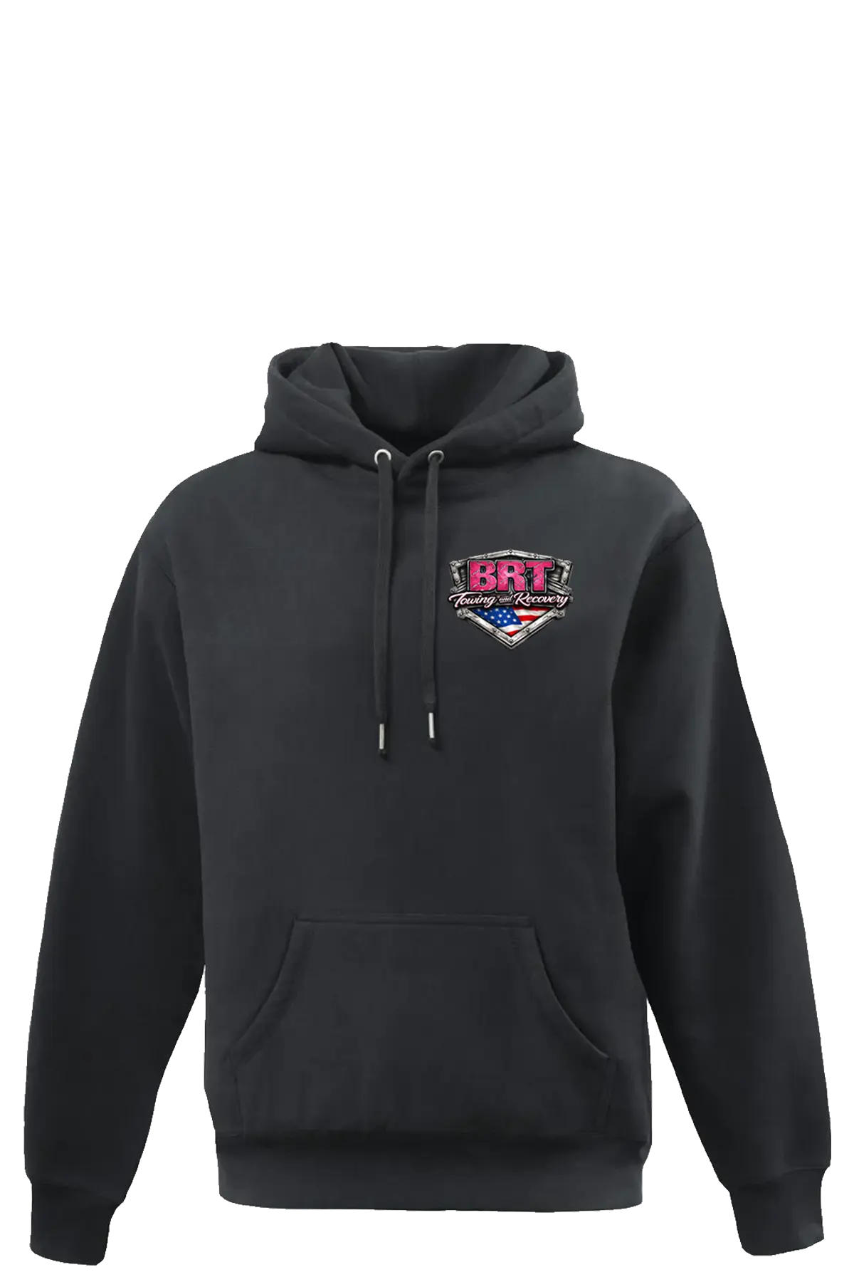 Black hoodie with a logo on the chest against a white background. BRT Towing and Recovery, Paper Street Print Co, Blairstown, NJ.