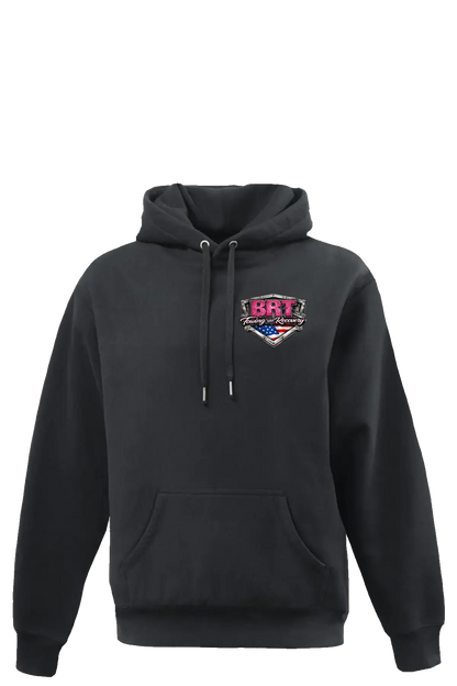 Black hoodie with a logo on the chest against a white background. BRT Towing and Recovery, Paper Street Print Co, Blairstown, NJ.