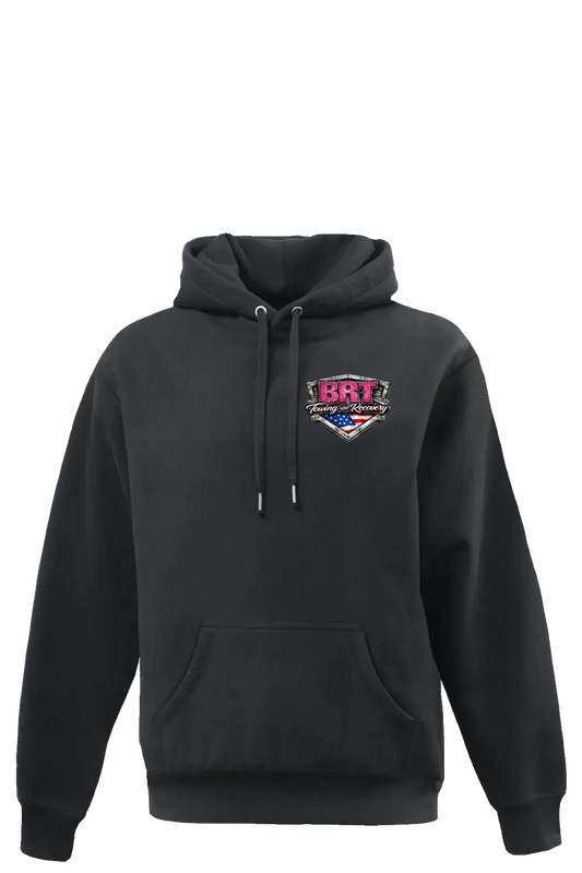 Black hoodie with a logo on the chest against a white background. BRT Towing and Recovery, Paper Street Print Co, Blairstown, NJ.