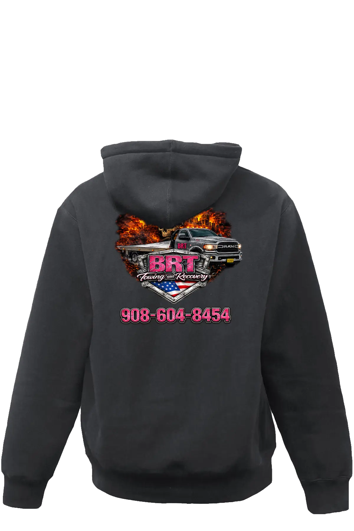 Black hoodie with a colorful graphic and text on the back, on a white background. BRT Towing and Recovery, Paper Street Print Co, Blairstown, NJ.
