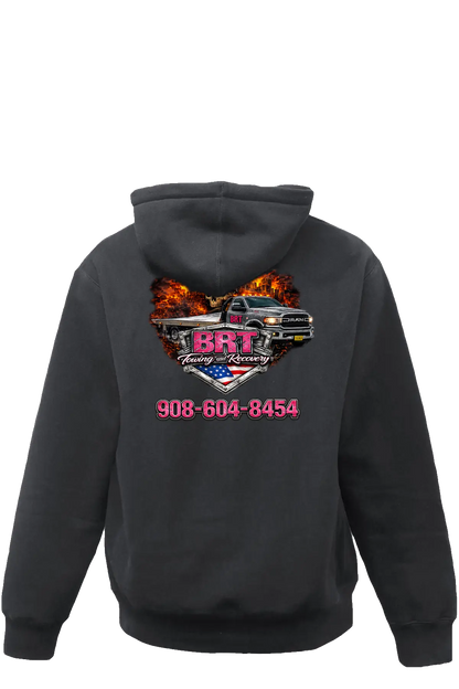 Black hoodie with a colorful graphic and text on the back, on a white background. BRT Towing and Recovery, Paper Street Print Co, Blairstown, NJ.
