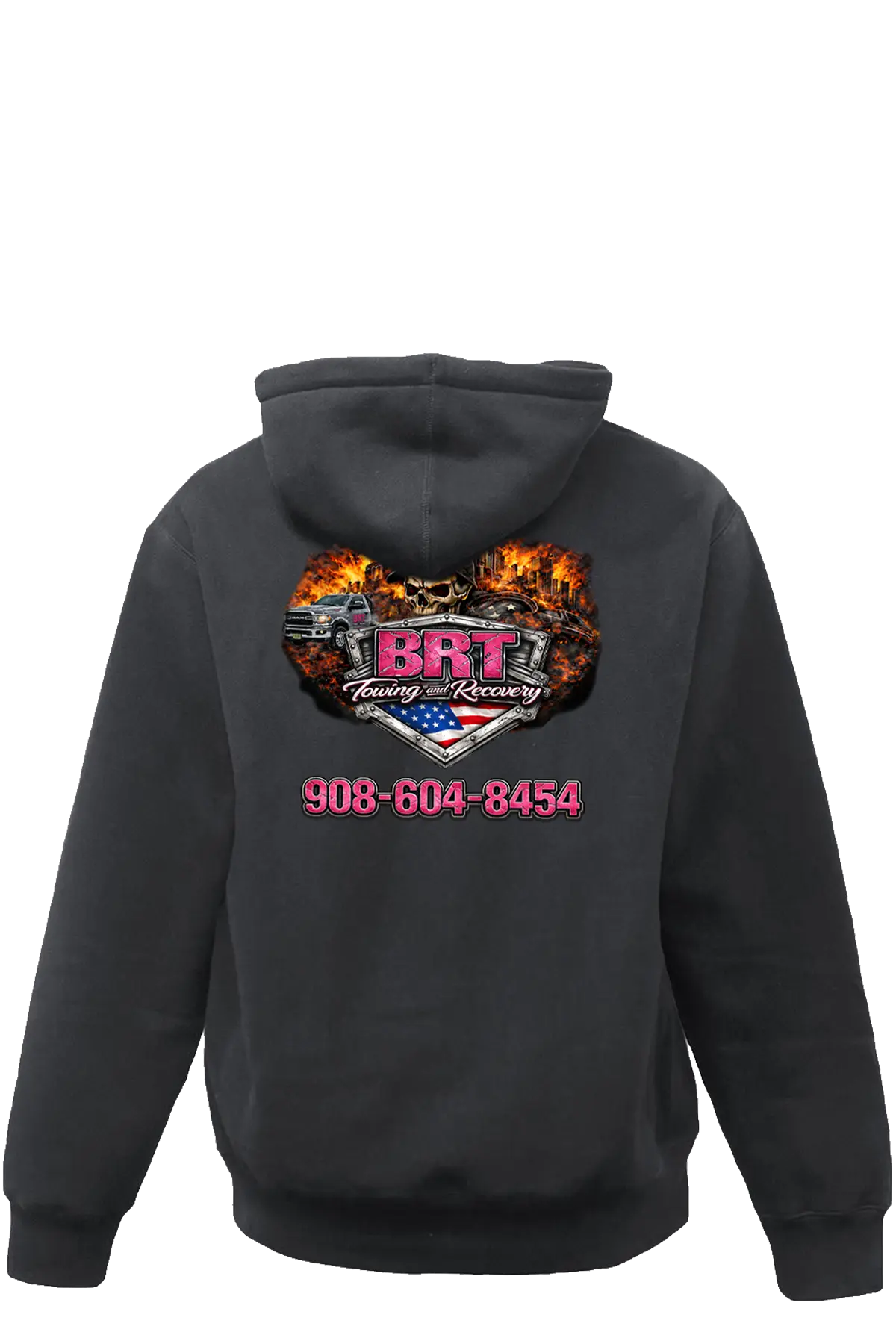 Black hoodie with a colorful graphic and text on the back, on a white background. BRT Towing and Recovery, Paper Street Print Co, Blairstown, NJ.
