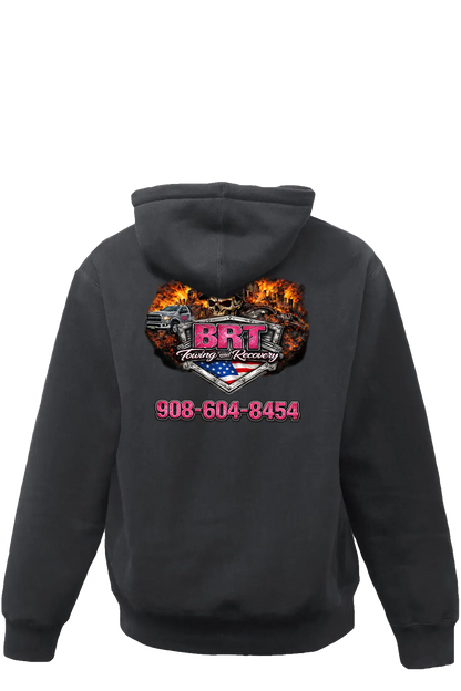 Black hoodie with a colorful graphic and text on the back, on a white background. BRT Towing and Recovery, Paper Street Print Co, Blairstown, NJ.