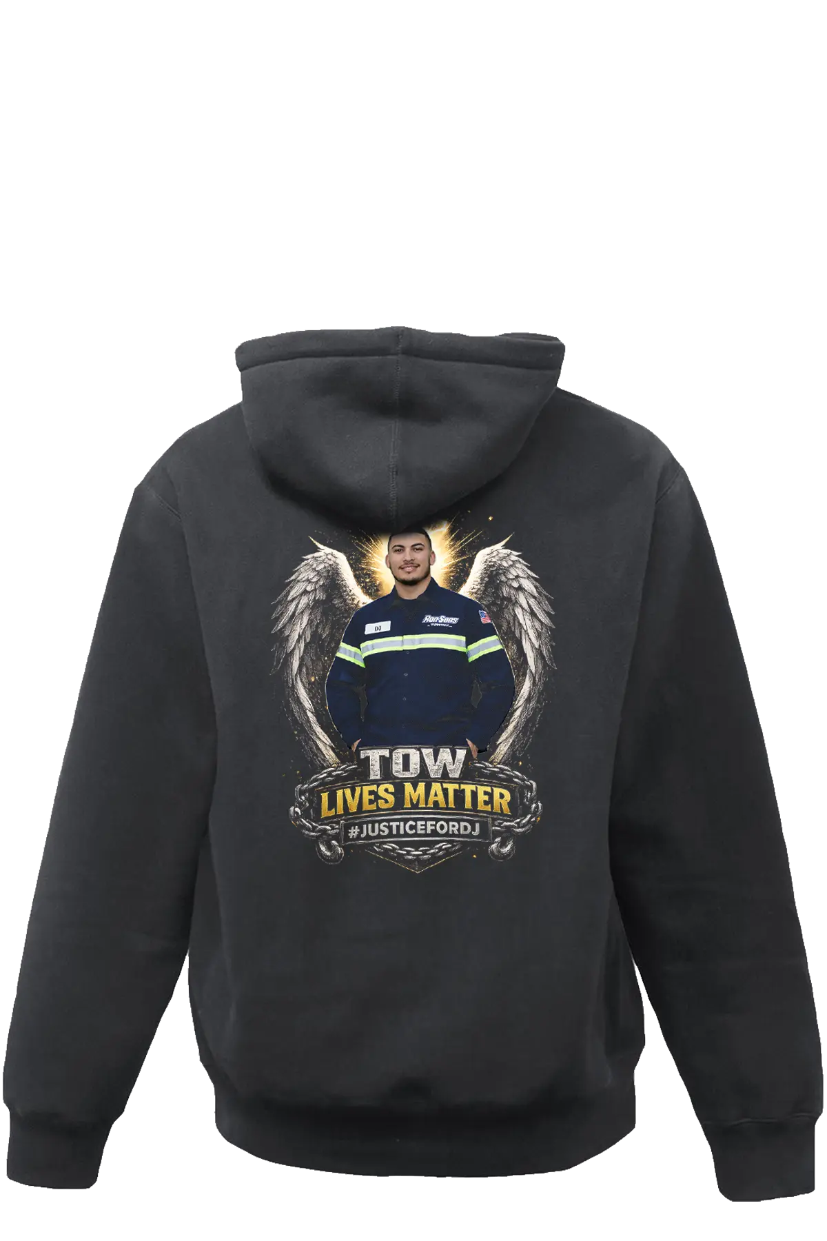 Black hoodie with a graphic design on the back featuring a person in a uniform and text 'TOW LIVES MATTER" . #JUSTICEFORDJ - Paper Street Print Co, Blairstown, NJ.