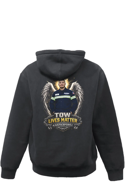 Black hoodie with a graphic design on the back featuring a person in a uniform and text 'TOW LIVES MATTER" . #JUSTICEFORDJ - Paper Street Print Co, Blairstown, NJ.