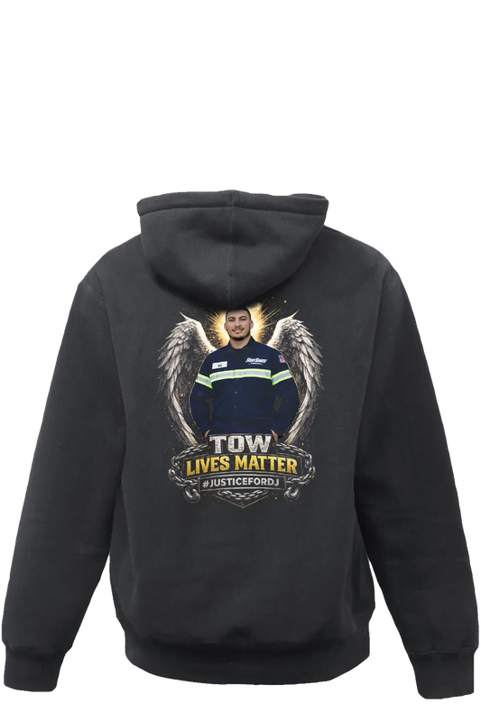 Black hoodie with a graphic design on the back featuring a person in a uniform and text 'TOW LIVES MATTER" . #JUSTICEFORDJ - Paper Street Print Co, Blairstown, NJ.