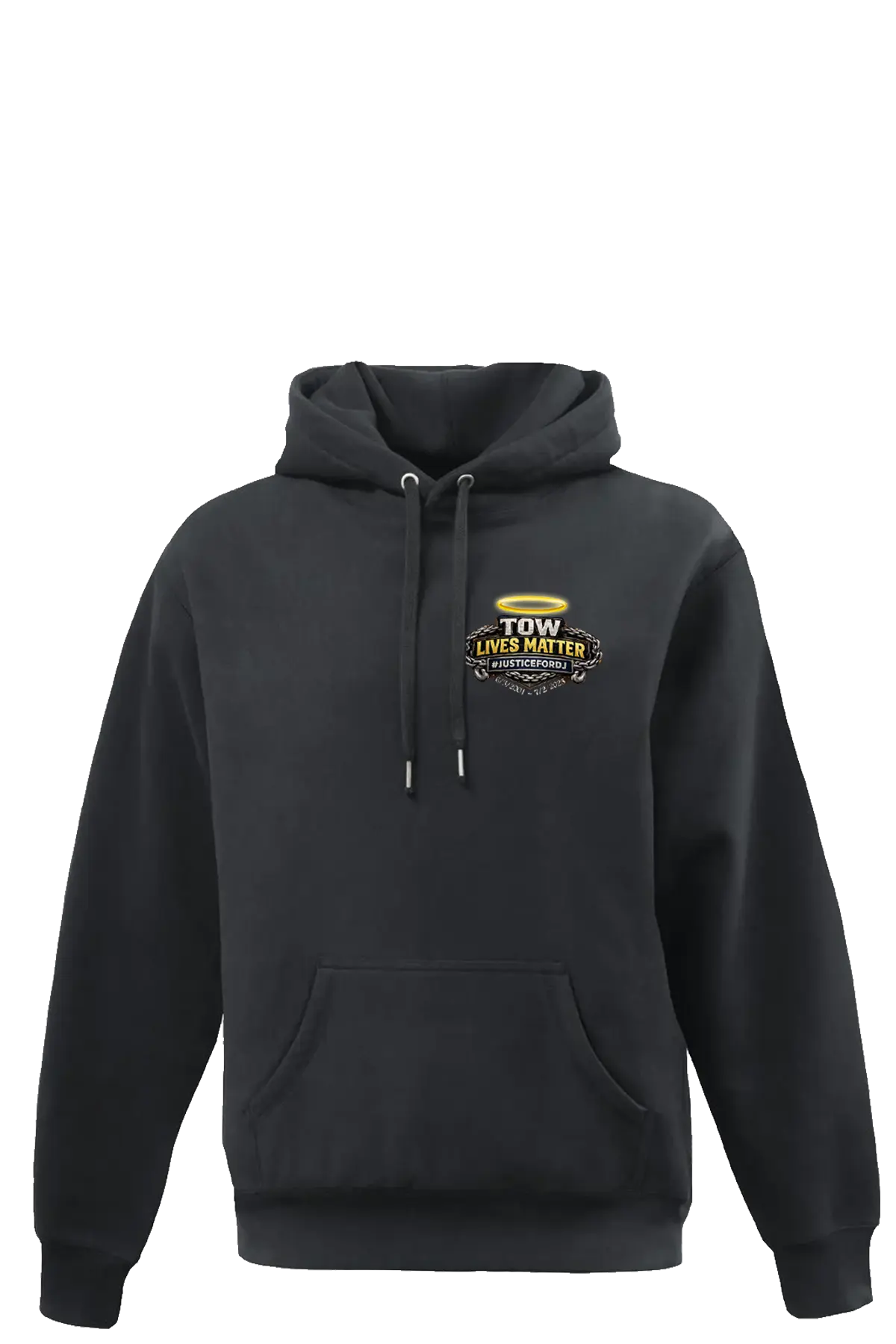 Black hoodie with a logo on the chest against a white background. #JUSTICEFORDJ - Paper Street Print Co, Blairstown, NJ.