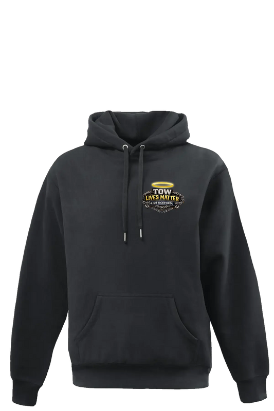 Black hoodie with a logo on the chest against a white background. #JUSTICEFORDJ - Paper Street Print Co, Blairstown, NJ.